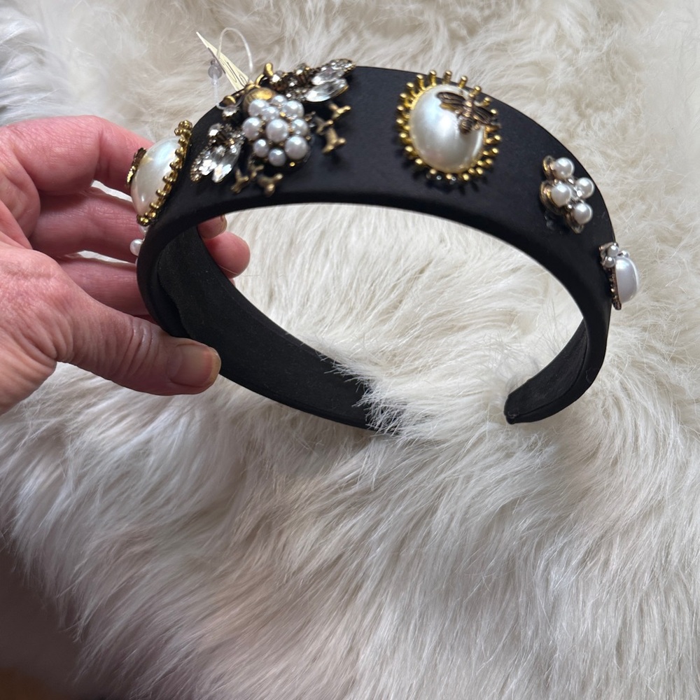 Bee pearl Headband black baroque inspired faux pearls gold tone Victorian *flaw - Picture 3 of 17